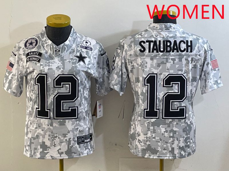 Women Dallas Cowboys 12 Staubach Camo Nike Olive Salute To Service Limited NFL Jersey style 3